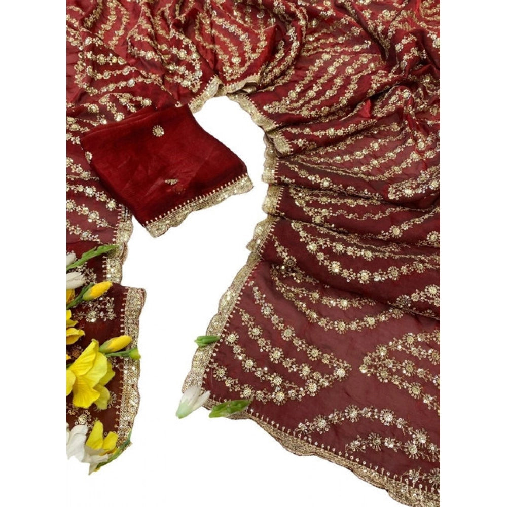 Women's Satin Embellished Saree — Maroon · 2616