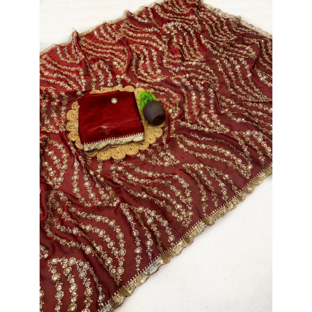 Women's Satin Embellished Saree — Maroon · 2616