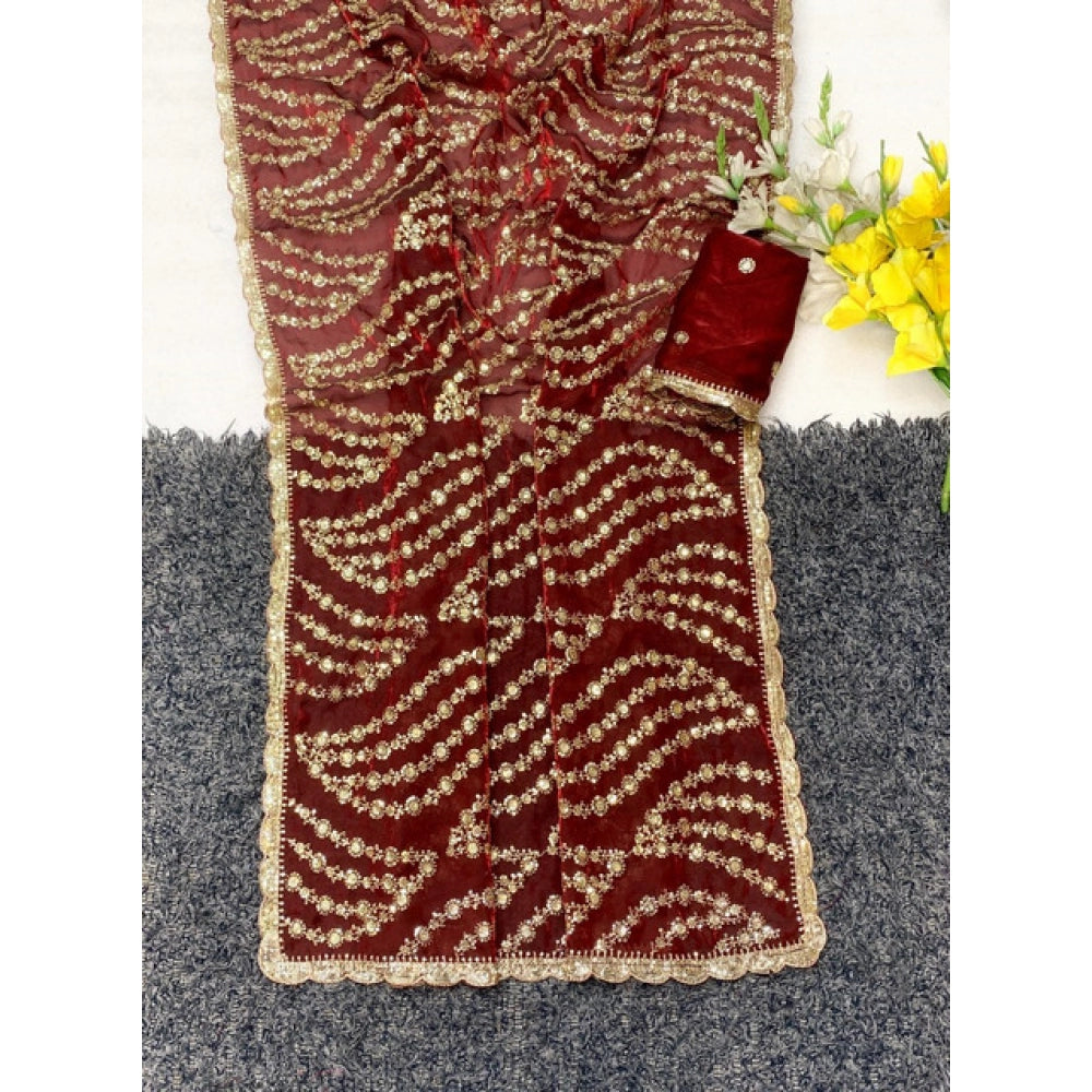 Women's Satin Embellished Saree — Maroon · 2616