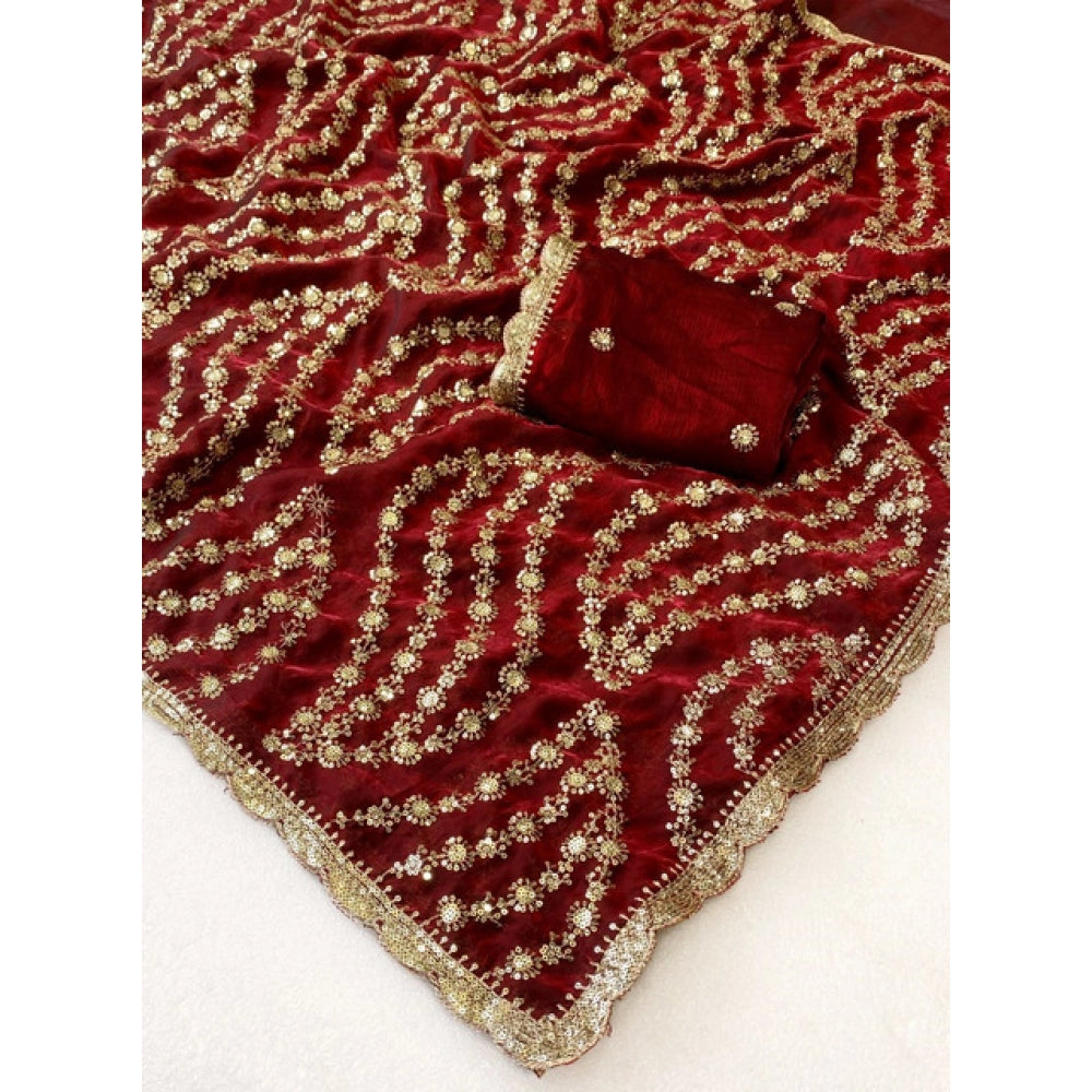 Women's Satin Embellished Saree — Maroon · 2616