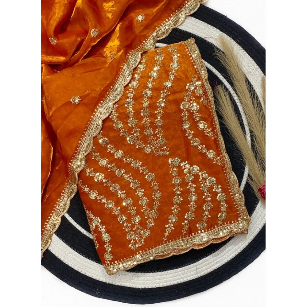 Women's Satin Embellished Saree — Orange