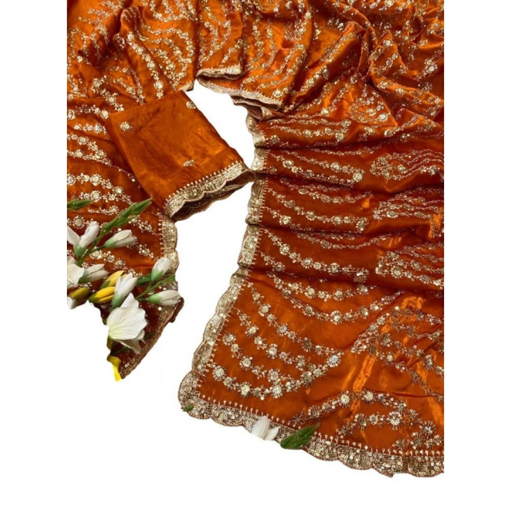 Women's Satin Embellished Saree — Orange