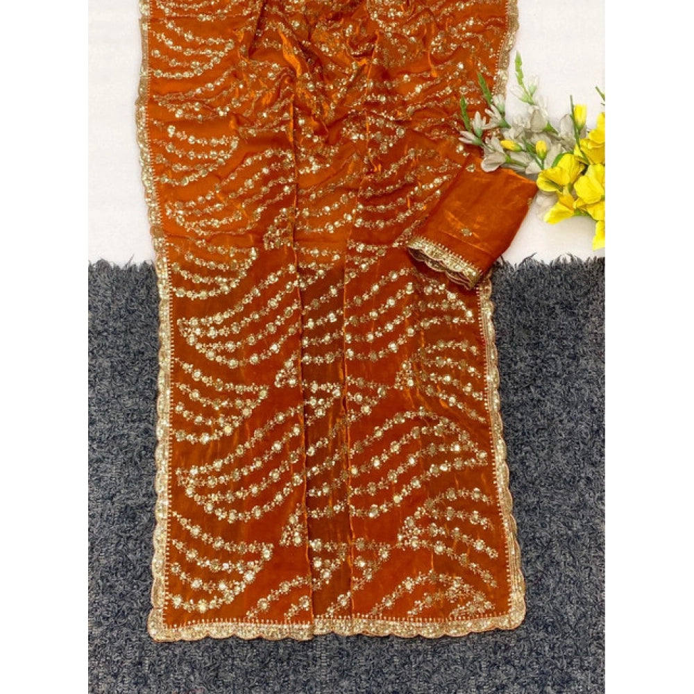 Women's Satin Embellished Saree — Orange