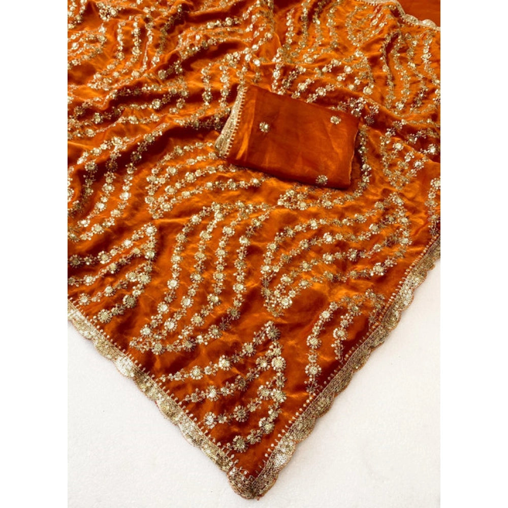 Women's Satin Embellished Saree — Orange