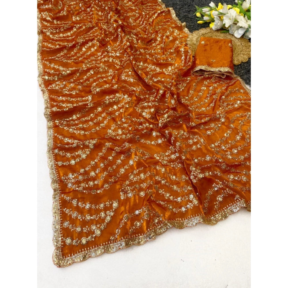 Women's Satin Embellished Saree — Orange