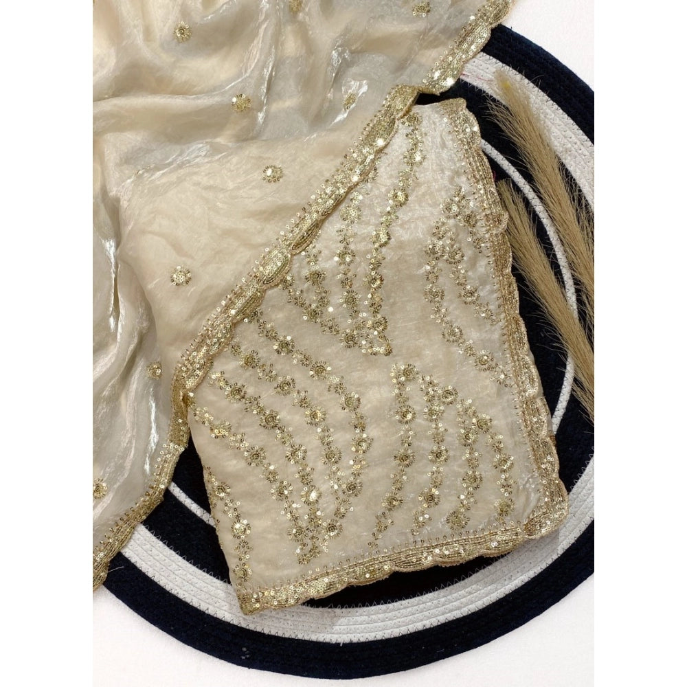 Women's Satin Embellished Saree — Cream