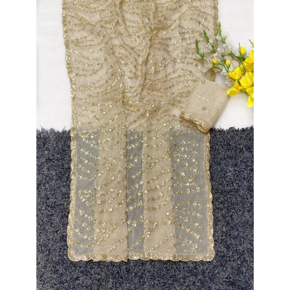 Women's Satin Embellished Saree — Cream