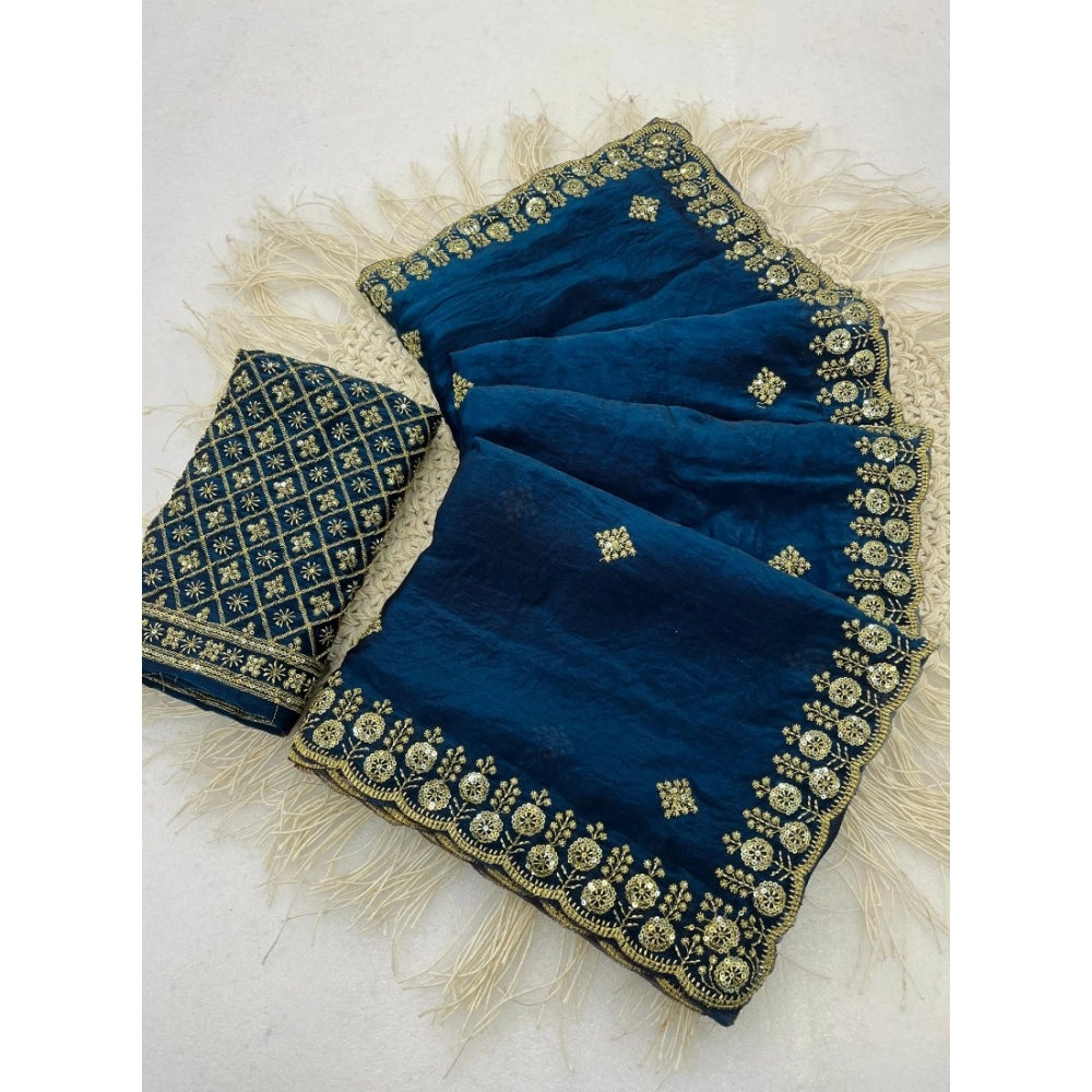Women's Satin Embellished Saree — Teal