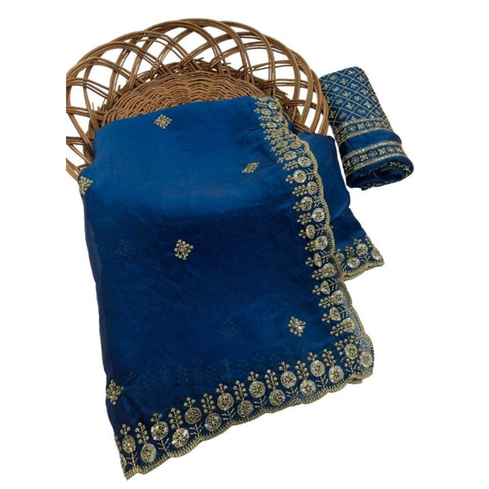 Women's Satin Embellished Saree — Teal