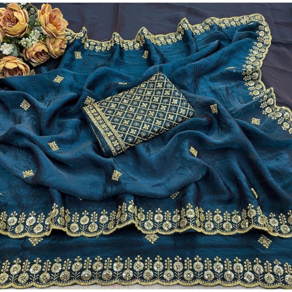 Women's Satin Embellished Saree — Teal