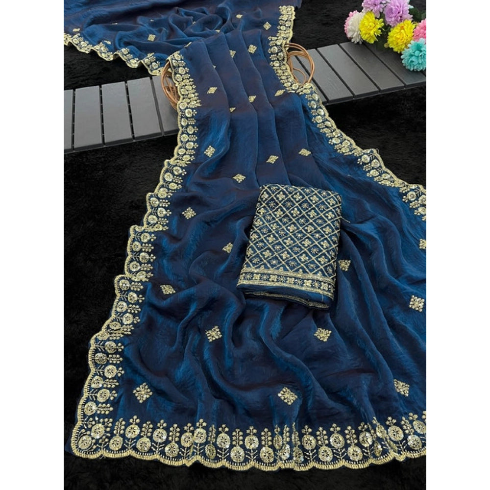 Women's Satin Embellished Saree — Teal