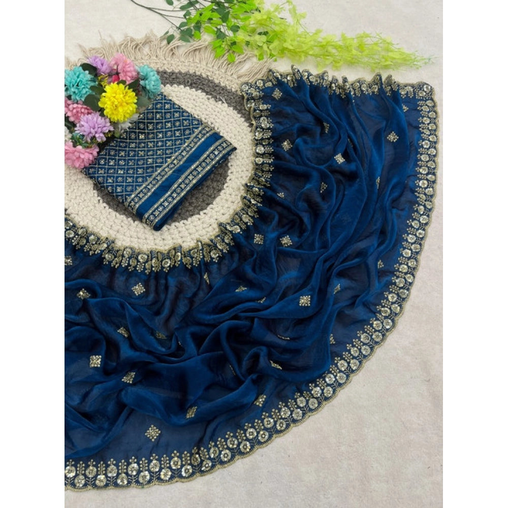 Women's Satin Embellished Saree — Teal