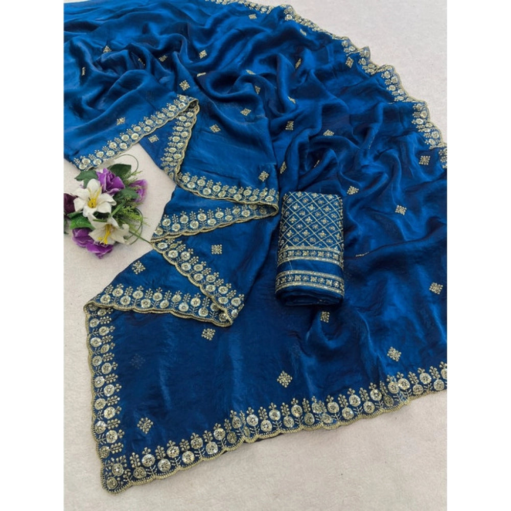 Women's Satin Embellished Saree — Teal