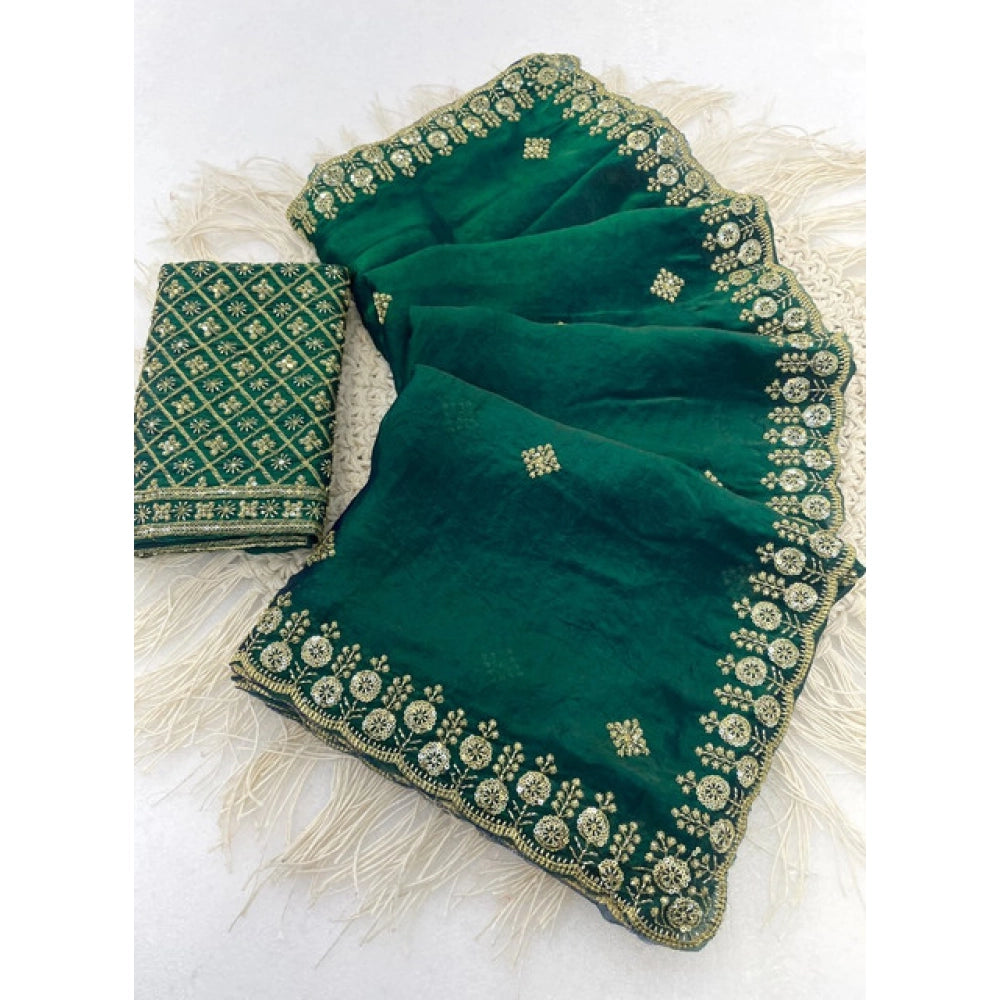 Women's Satin Embellished Saree — Green