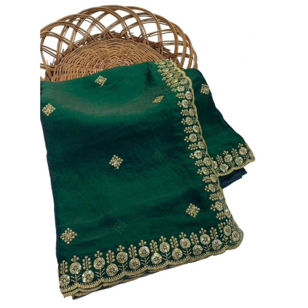 Women's Satin Embellished Saree — Green