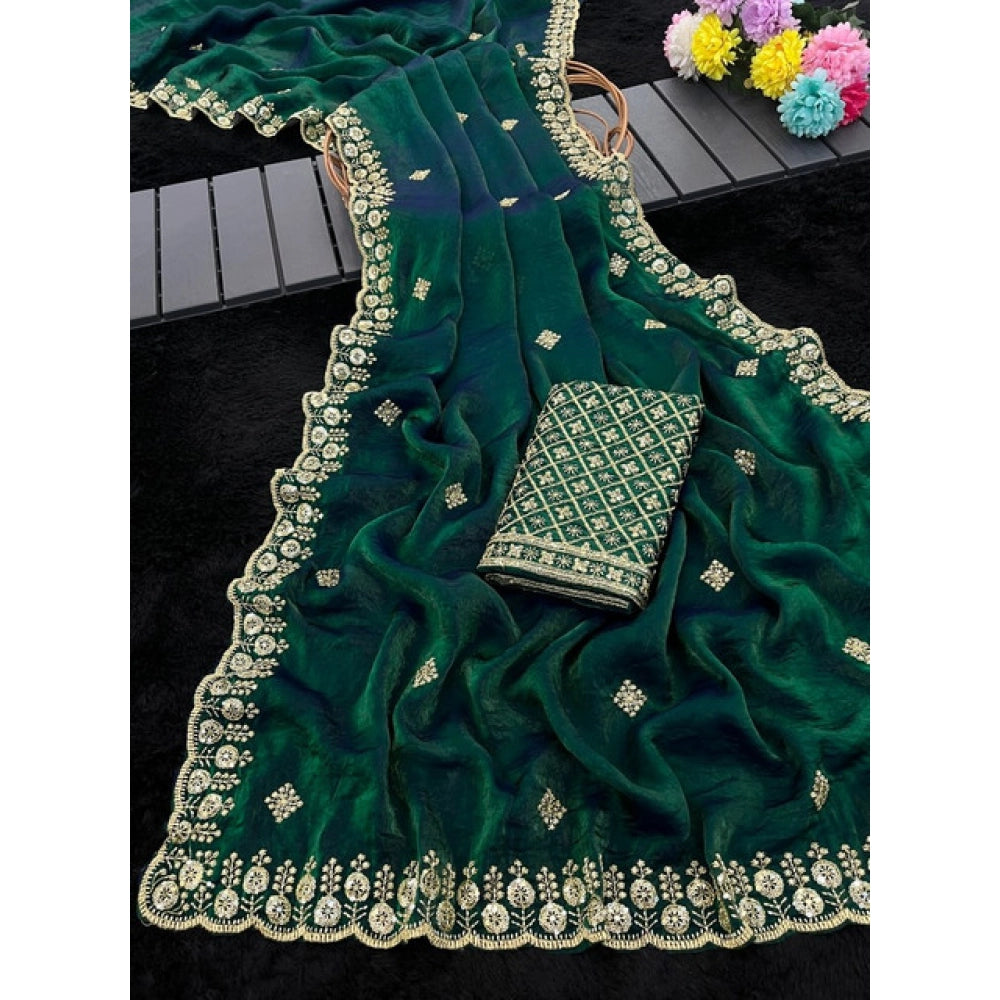 Women's Satin Embellished Saree — Green