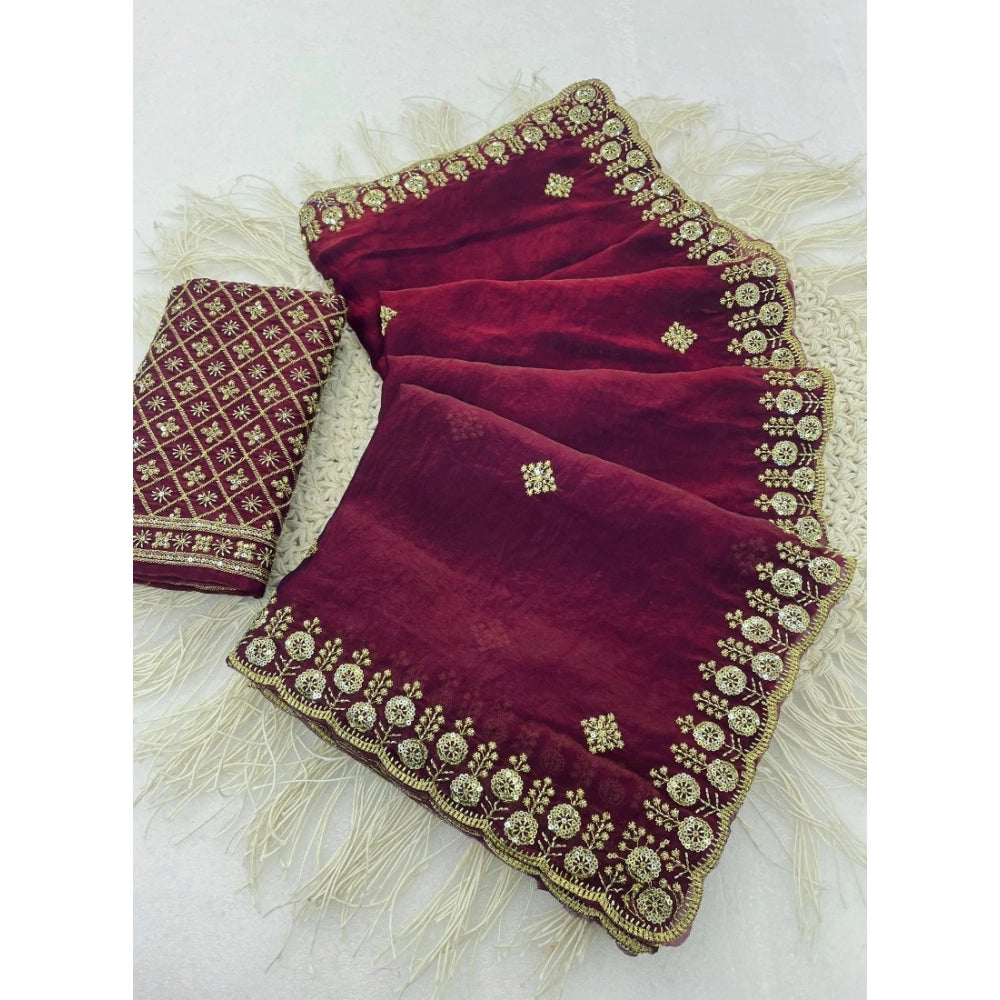 Women's Satin Embellished Saree — Maroon · 2622
