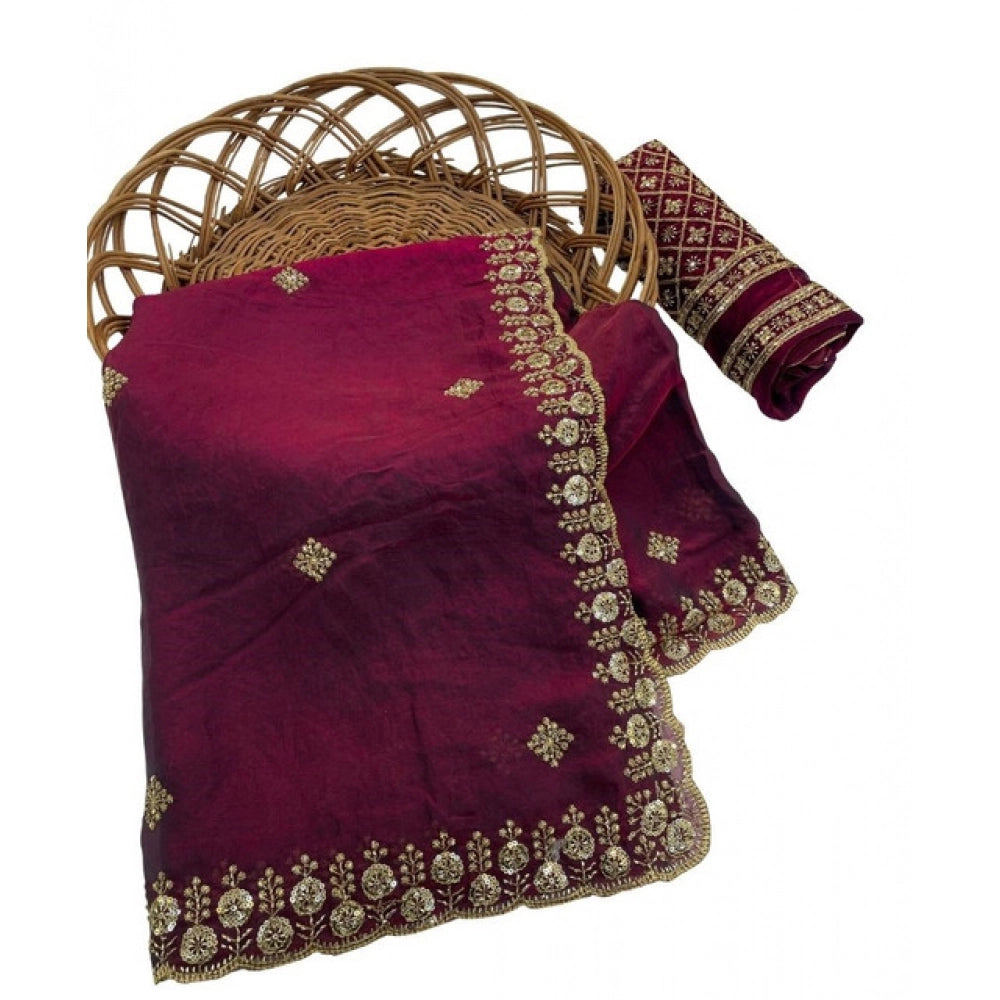 Women's Satin Embellished Saree — Maroon · 2622