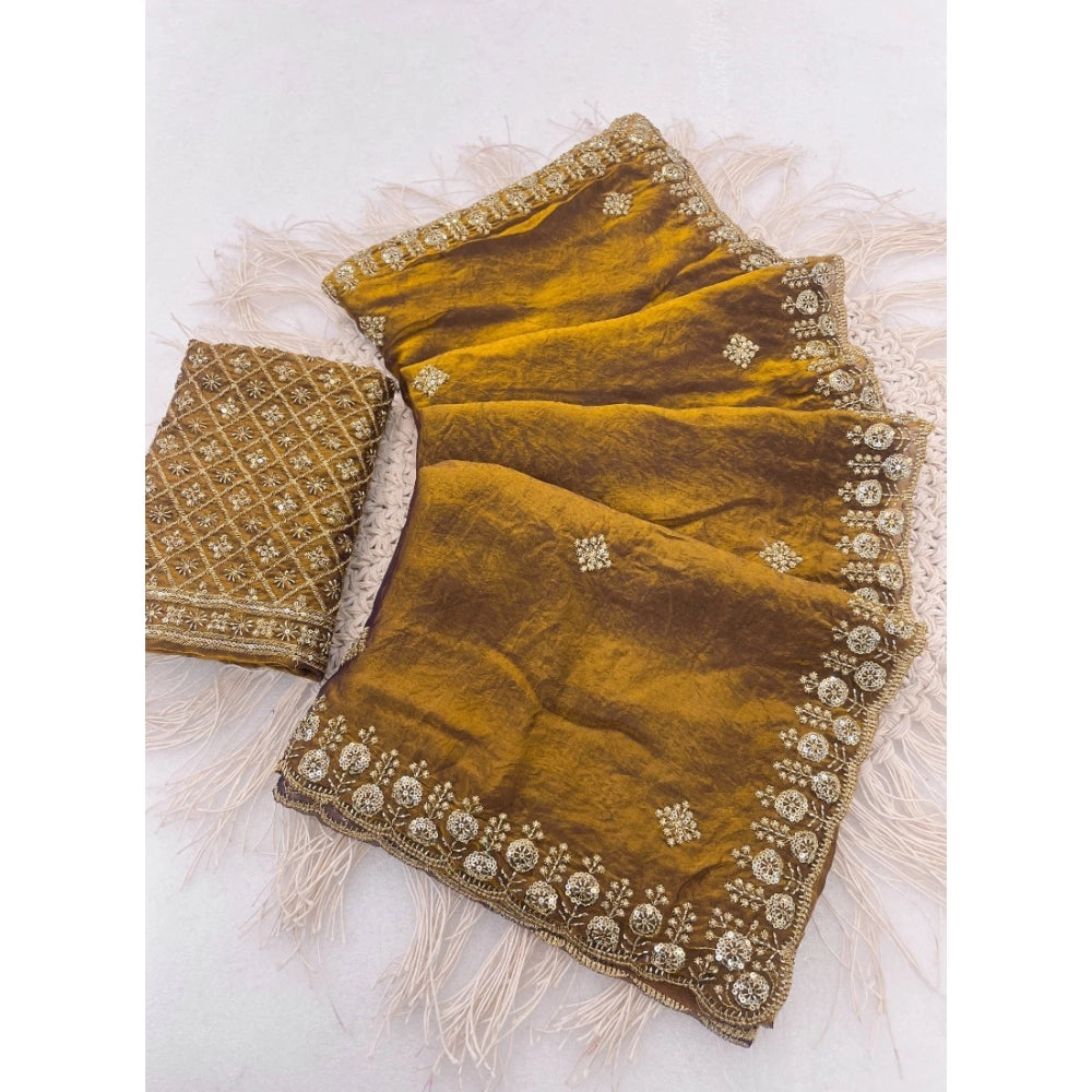 Women's Satin Embellished Saree — Mustard · 2623