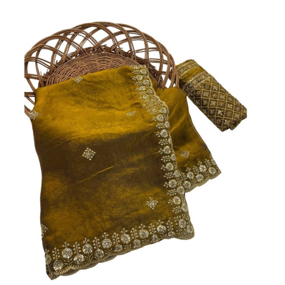Women's Satin Embellished Saree — Mustard · 2623