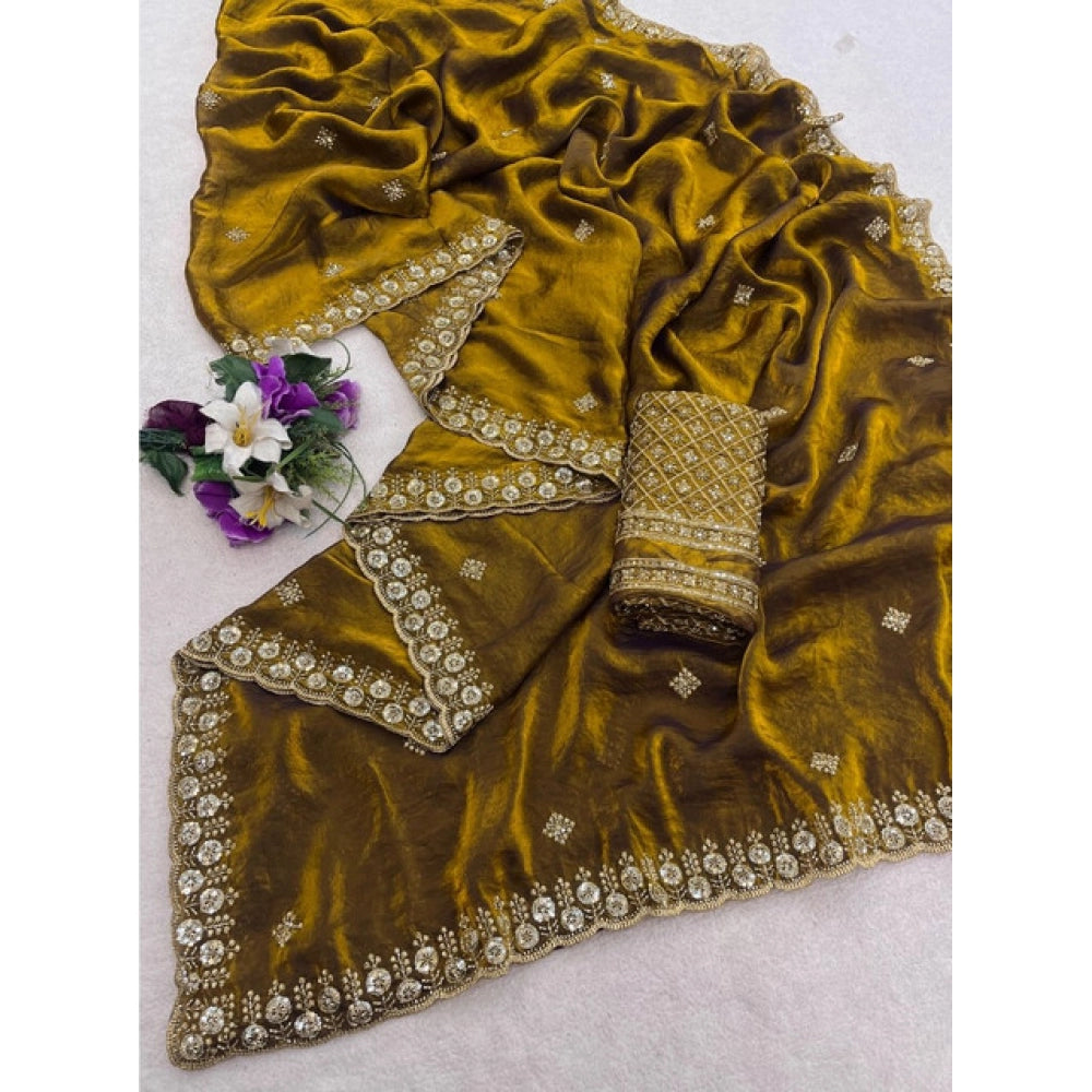Women's Satin Embellished Saree — Mustard · 2623