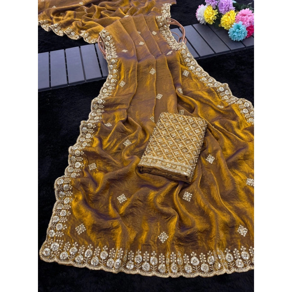 Women's Satin Embellished Saree — Mustard · 2623