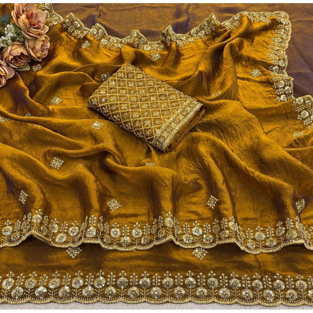 Women's Satin Embellished Saree — Mustard · 2623