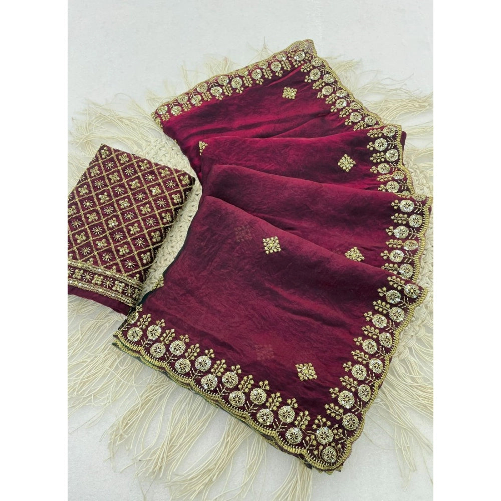 Women's Satin Embellished Saree — Wine-Toned