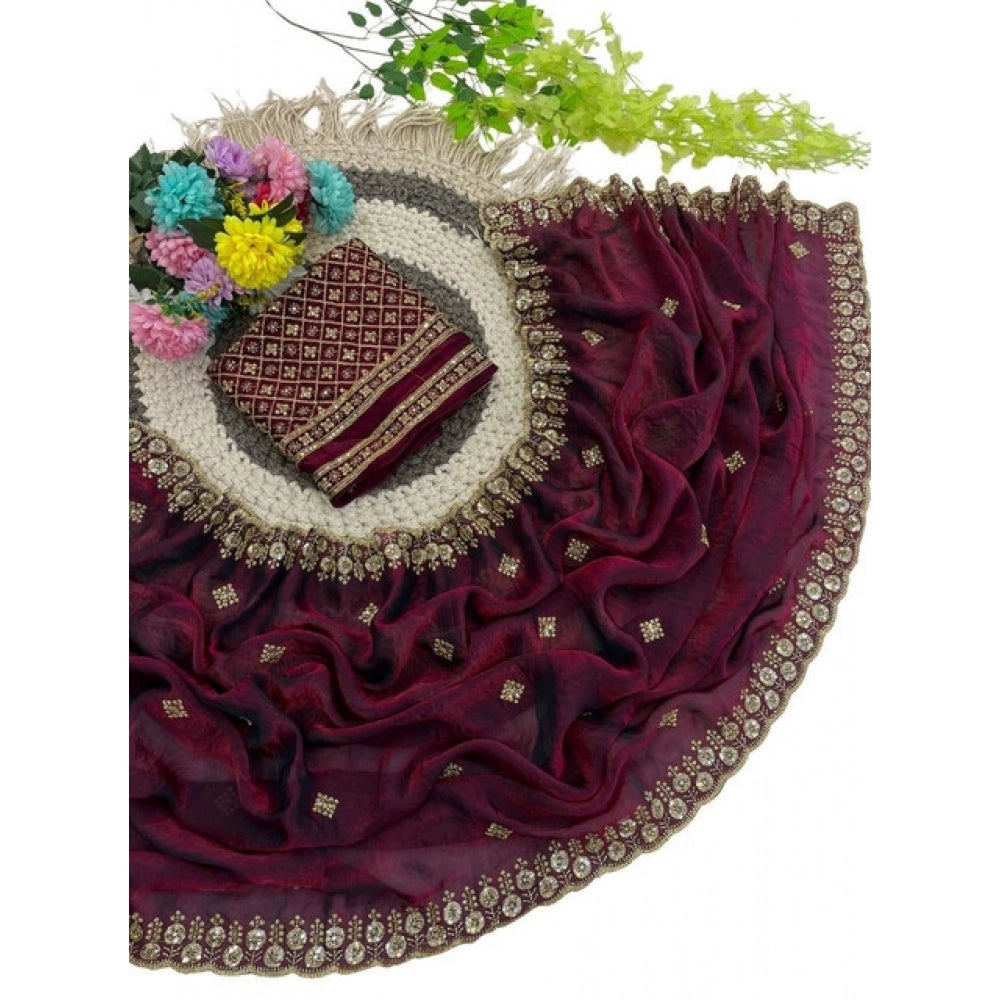 Women's Satin Embellished Saree — Wine-Toned