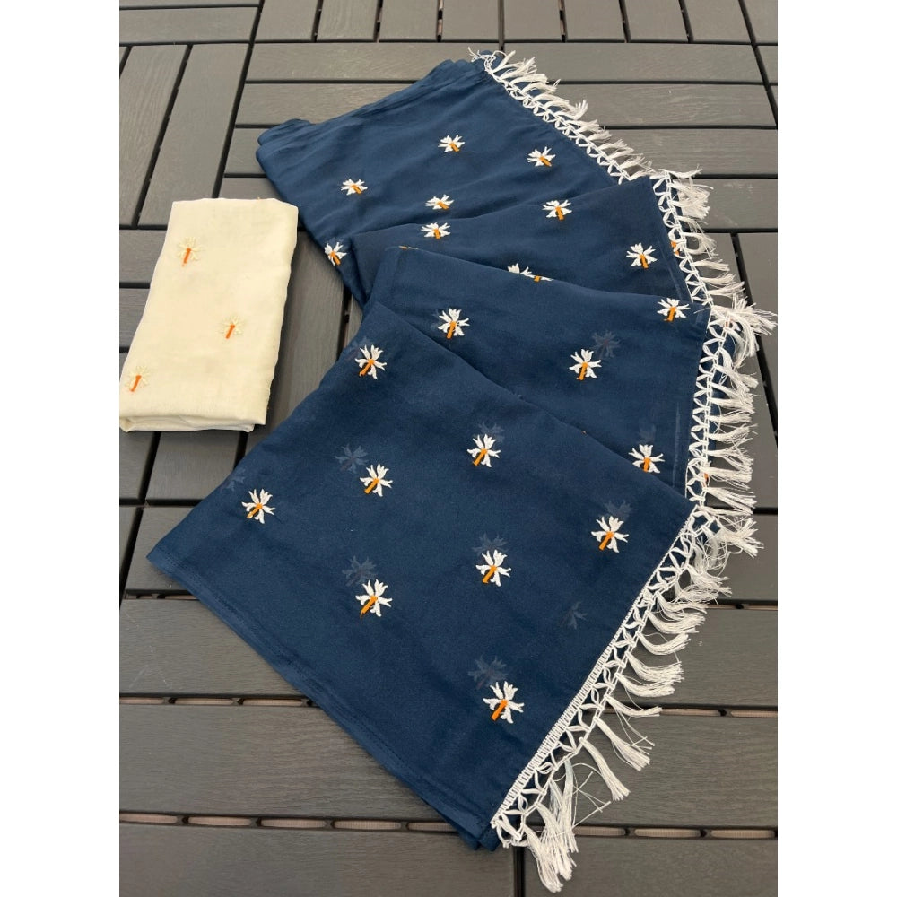 Women's Georgette Embellished Saree — Navy