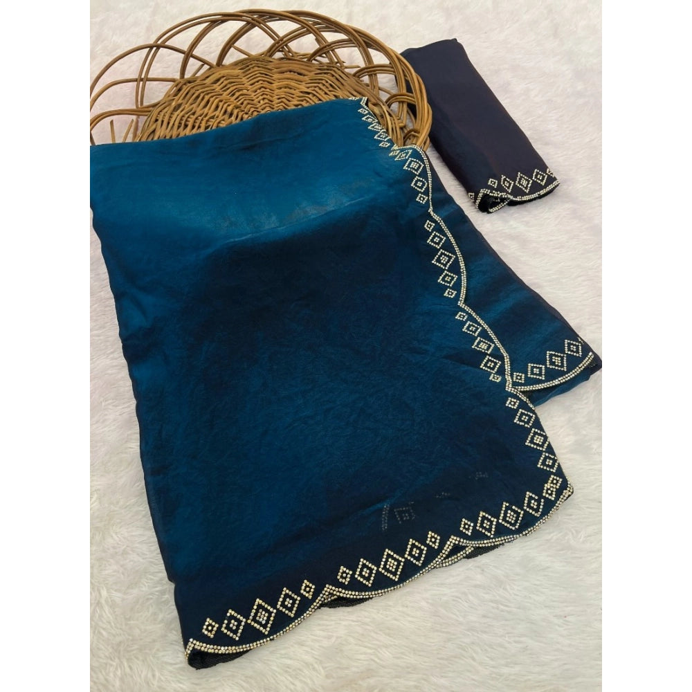 Women's Satin Embellished Saree — Navy