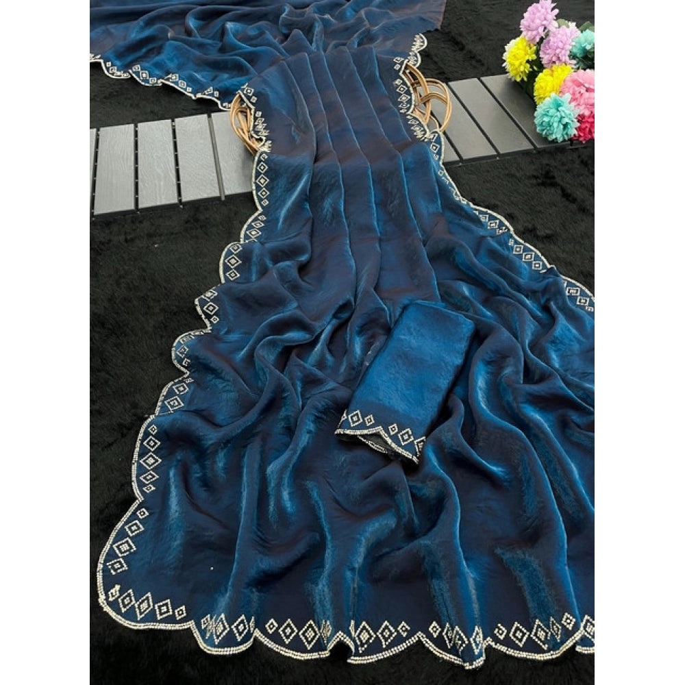 Women's Satin Embellished Saree — Navy
