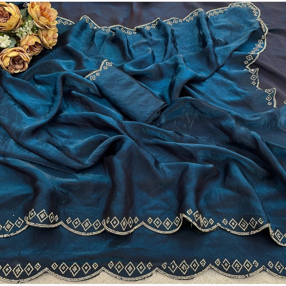 Women's Satin Embellished Saree — Navy