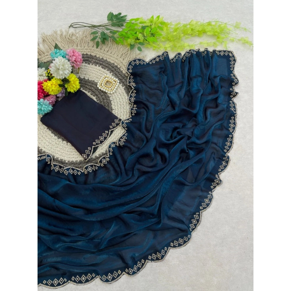 Women's Satin Embellished Saree — Navy