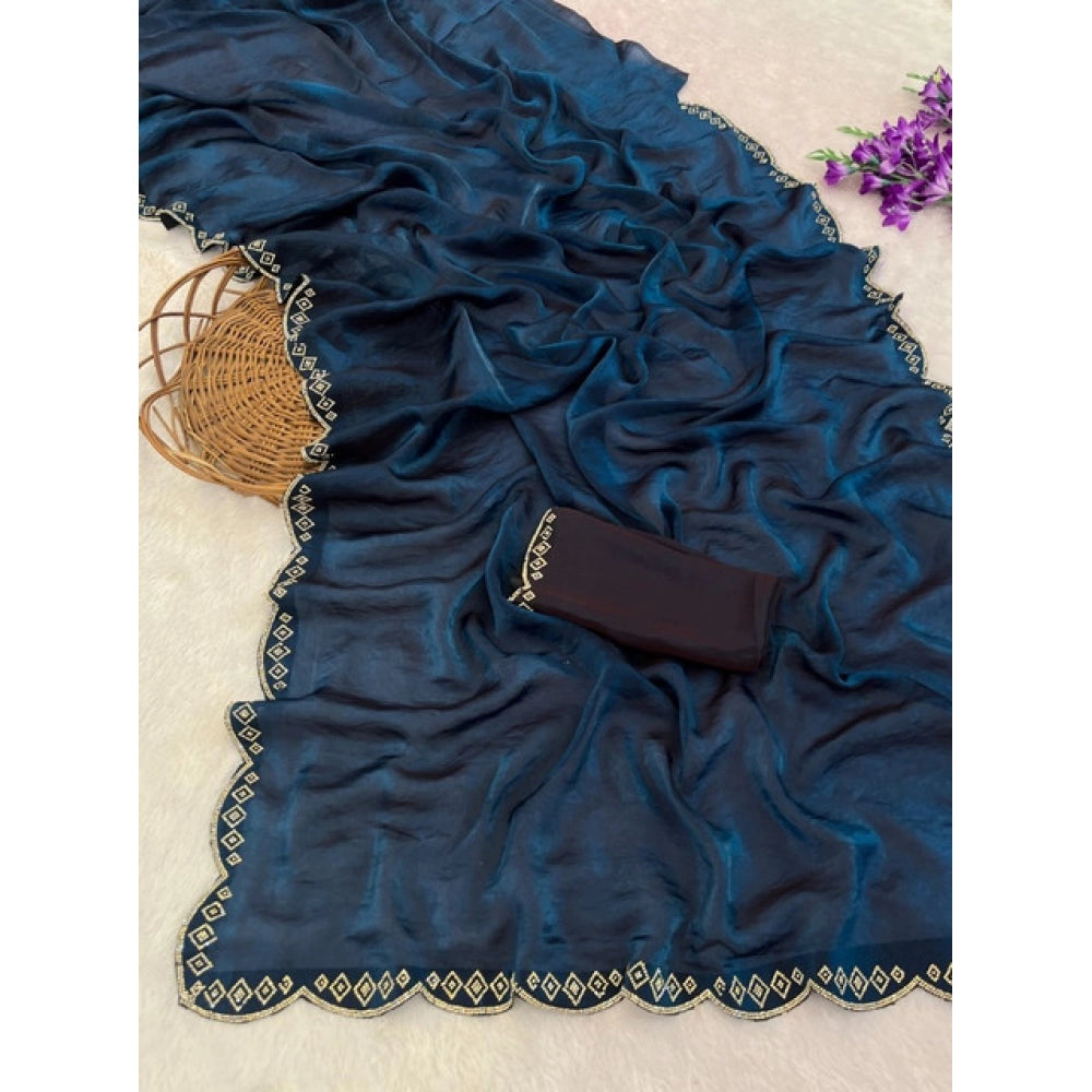 Women's Satin Embellished Saree — Navy