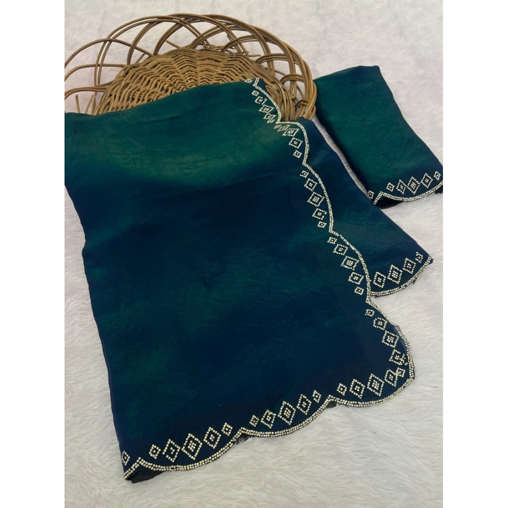 Women's Satin Embellished Saree — Bottle Green