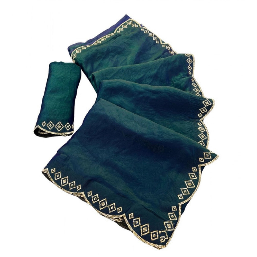 Women's Satin Embellished Saree — Bottle Green