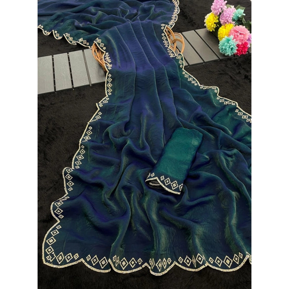 Women's Satin Embellished Saree — Bottle Green