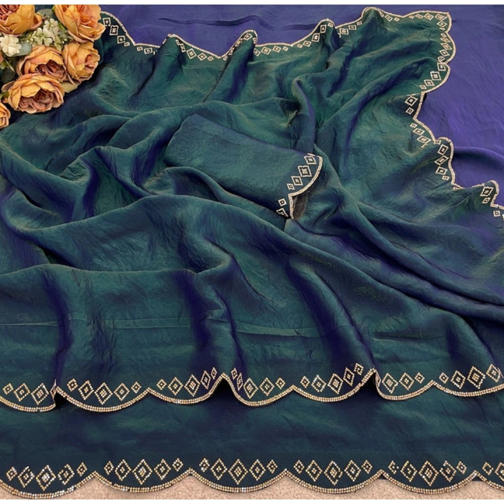 Women's Satin Embellished Saree — Bottle Green