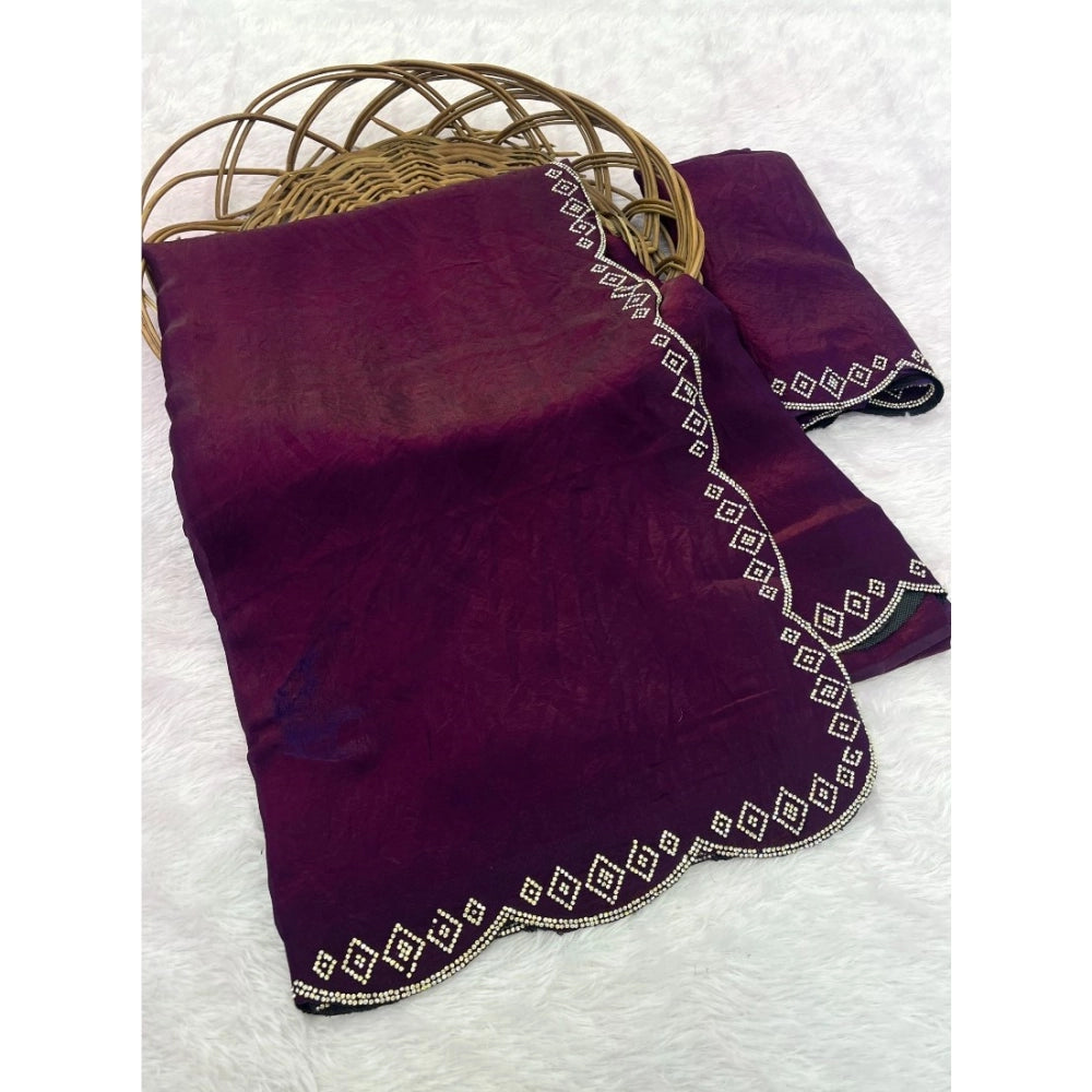 Women's Satin Embellished Saree — Wine