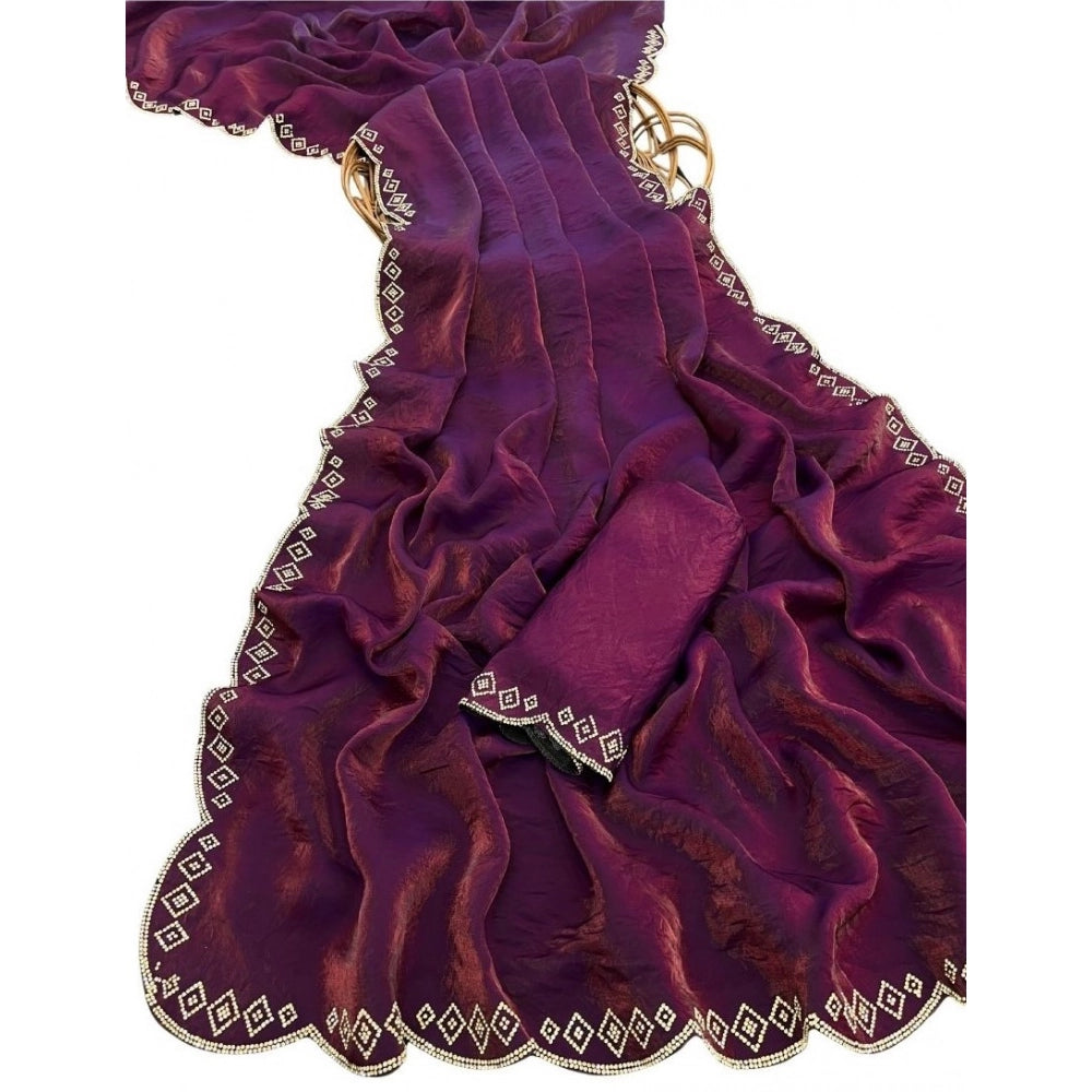 Women's Satin Embellished Saree — Wine
