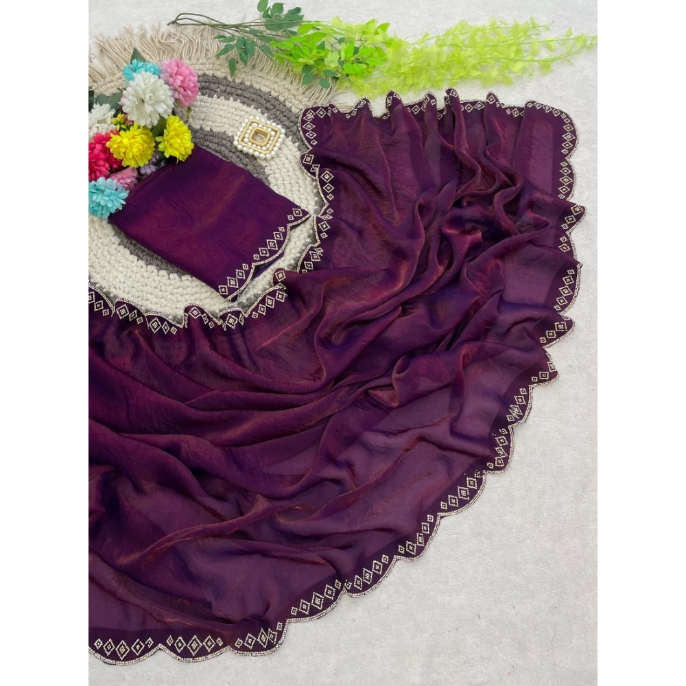 Women's Satin Embellished Saree — Wine