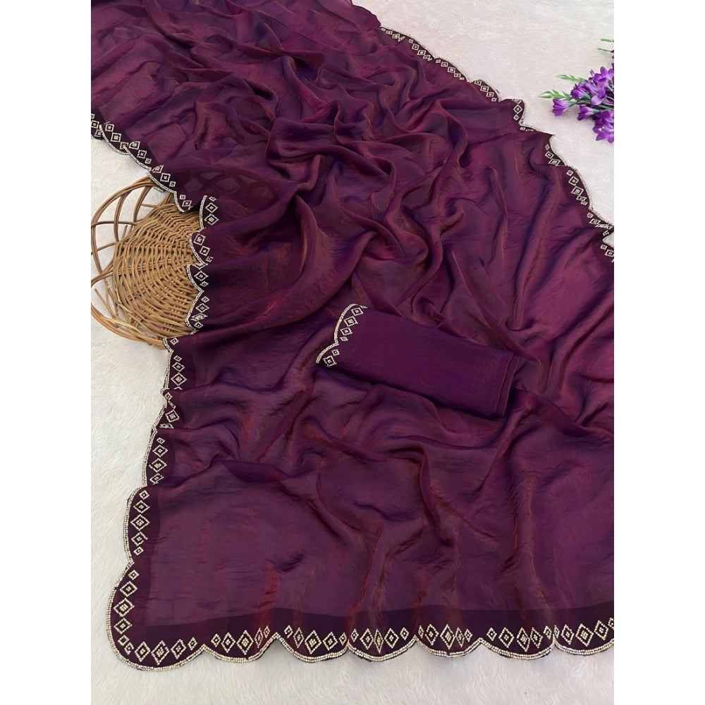 Women's Satin Embellished Saree — Wine
