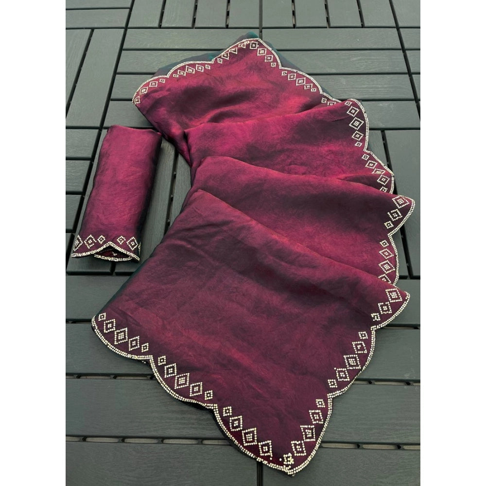 Women's Satin Embellished Saree — Burgundy
