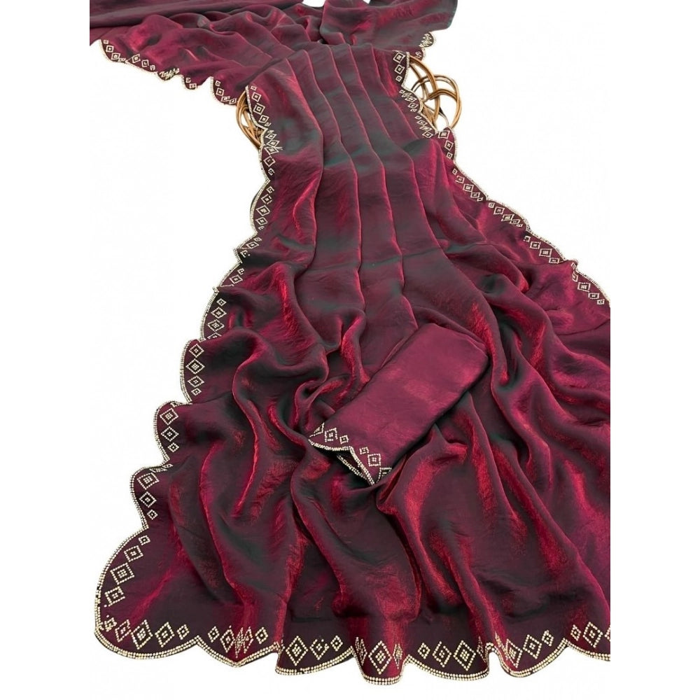 Women's Satin Embellished Saree — Burgundy
