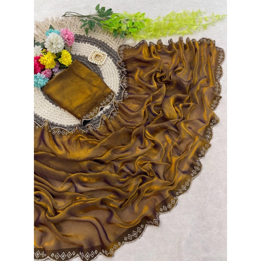 Women's Satin Embellished Saree — Mustard · 2634