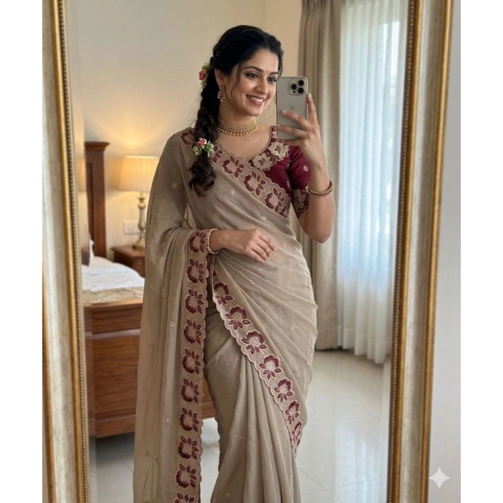 Women's Star Georgette Embroidered Saree — Beige · 2635