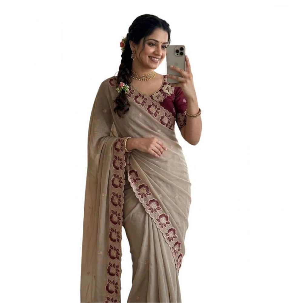 Women's Star Georgette Embroidered Saree — Beige · 2635