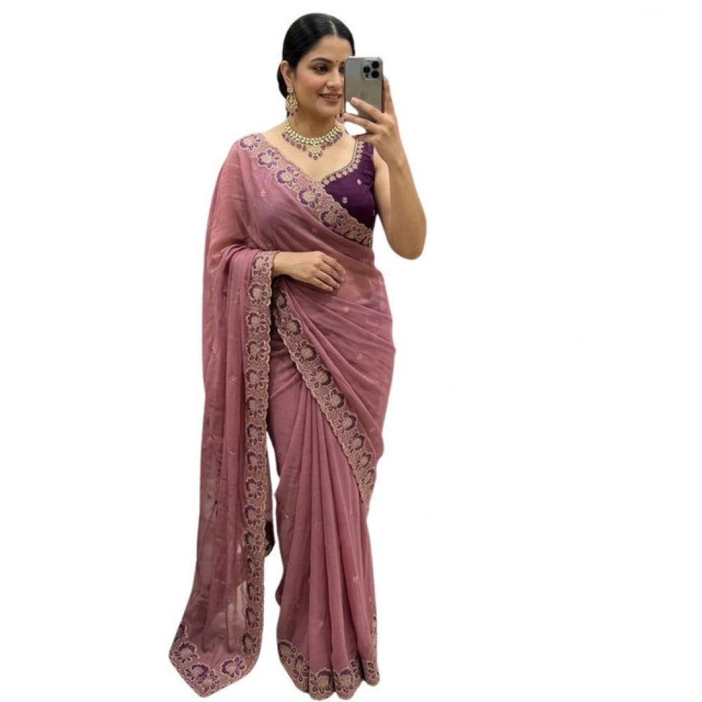 Women's Star Georgette Embroidered Saree — Pink · 2637