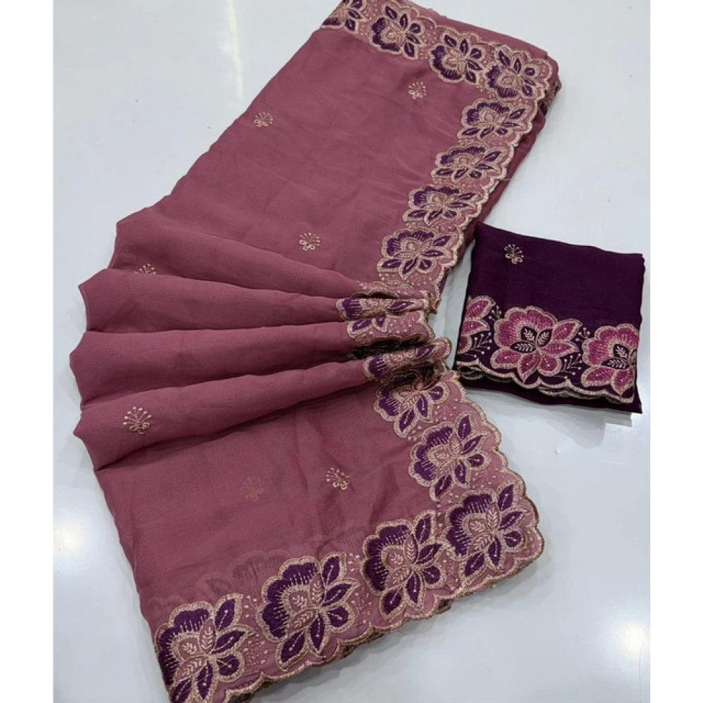 Women's Star Georgette Embroidered Saree — Pink · 2637